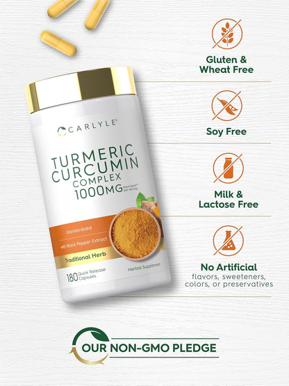 Carlyle Turmeric Curcumin with Black Pepper | 180 Capsules | Turmeric Complex Supplement | Non-GMO, Gluten Free