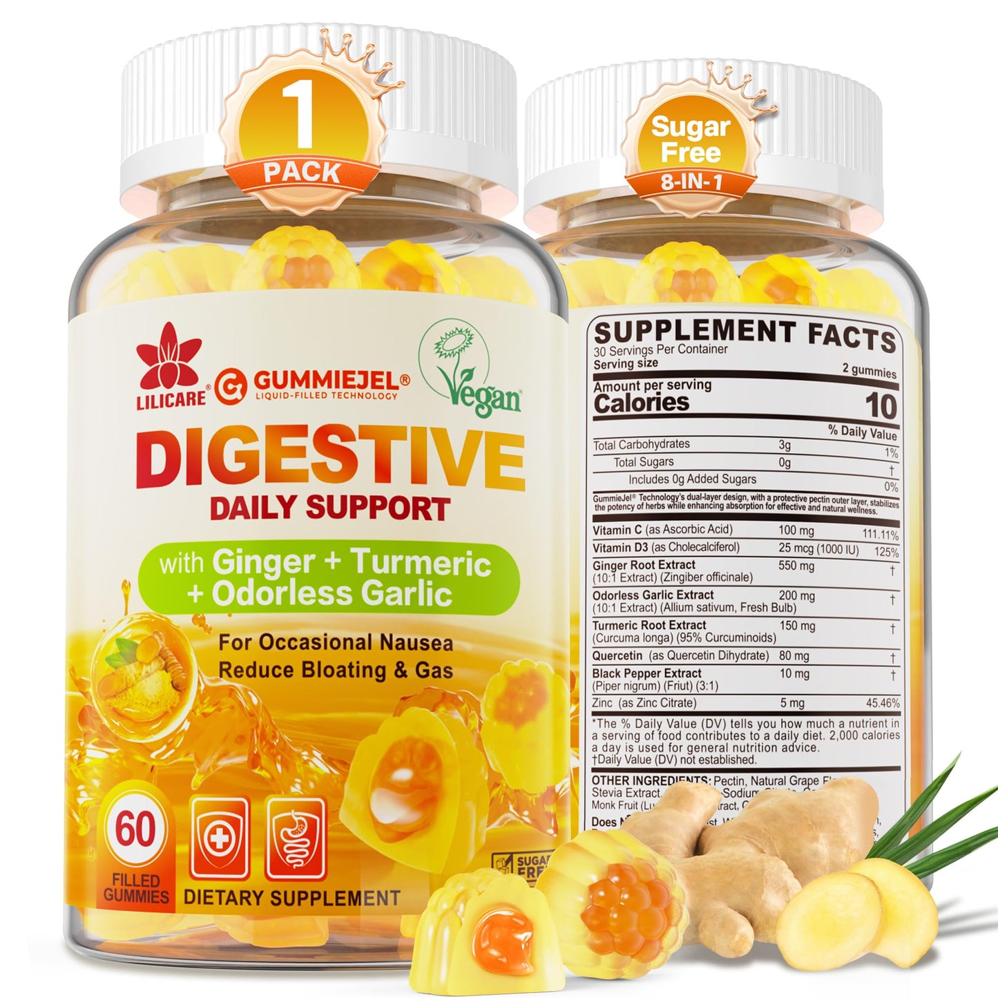 LILICARE Ginger Chews Gummies for Nausea & Digestive Support, Stomach Relief - Sugar Free with Turmeric & Odorless Garlic, Quercetin, Vitamin D3, C, Delicious Digestive Supplements, 60Cts (Pack of 1)