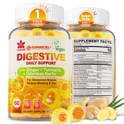 LILICARE Ginger Chews Gummies for Nausea & Digestive Support, Stomach Relief - Sugar Free with Turmeric & Odorless Garlic, Quercetin, Vitamin D3, C, Delicious Digestive Supplements, 60Cts (Pack of 1)