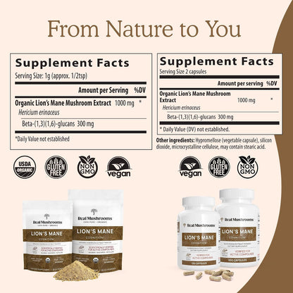 Real Mushrooms Lions Mane for Humans (120ct) and Pets (120ct) - Bundle for Cognition & Immunity - Vegan, Non-GMO, Gluten-Free, Grain-Free Mushroom Extract Supplements