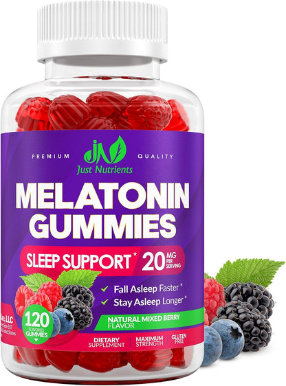 Melatonin 20mg Gummies (120 Count) - Maximum Strength Sleep Support for Adults with 10mg of Melatonin Per Gummy - Gluten-Free, Vegetarian, Great Tasting Mixed Berry Flavor - 60 Servings