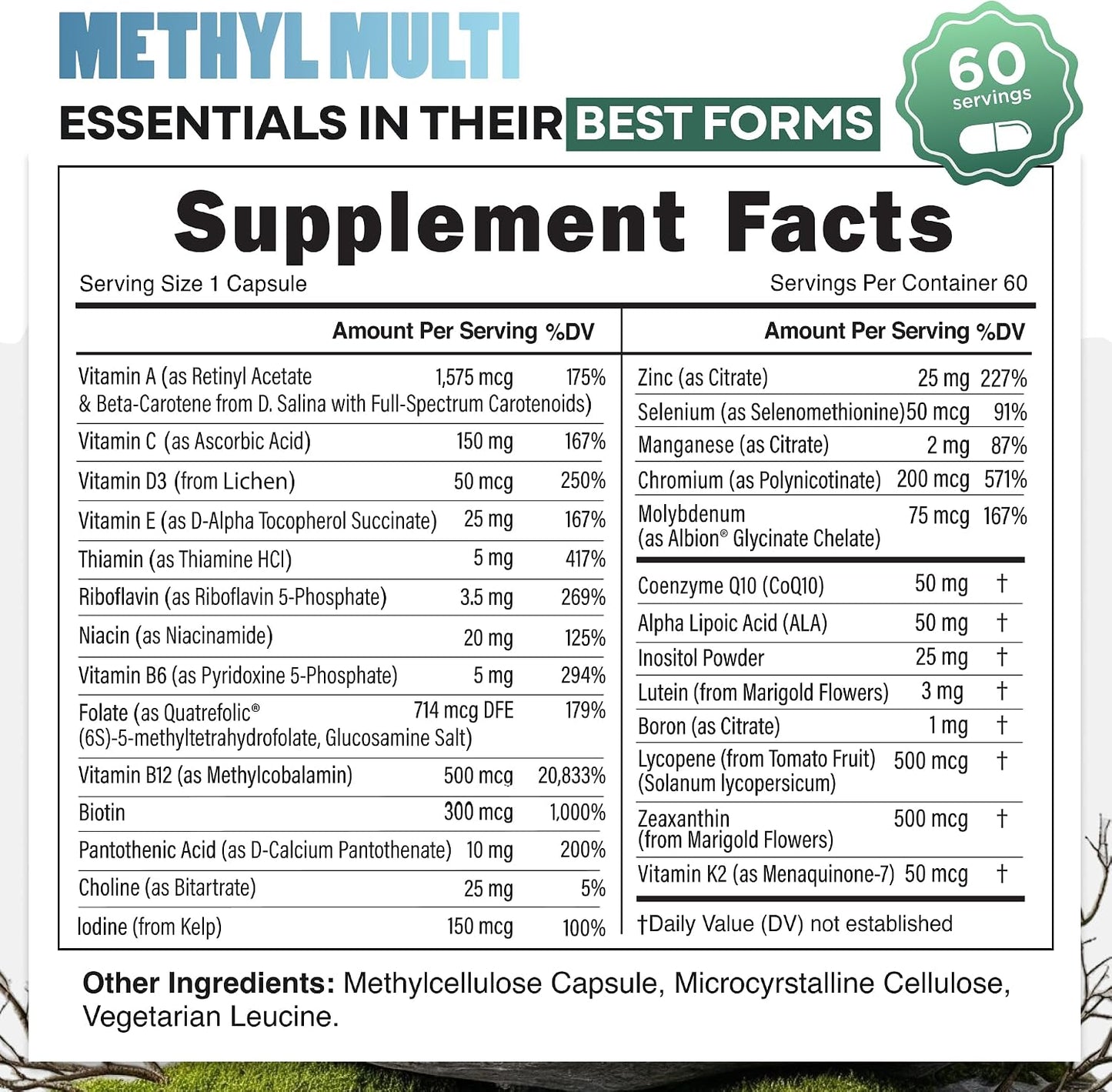 Wild Methylated Multivitamin for Women & Men | Daily Multi Vitamin | MTHFR Supplement Without Iron | Methylated B12, Folate, Vitamin C, A, K2, D, E, Choline, Biotin, ALA, CoQ10 & More (60 Capsules)