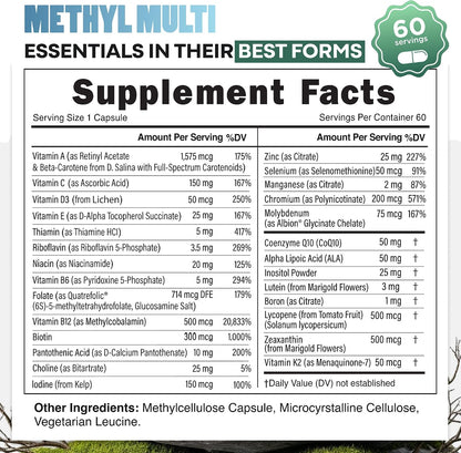 Wild Methylated Multivitamin for Women & Men | Daily Multi Vitamin | MTHFR Supplement Without Iron | Methylated B12, Folate, Vitamin C, A, K2, D, E, Choline, Biotin, ALA, CoQ10 & More (60 Capsules)