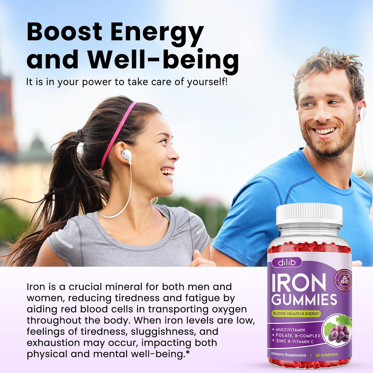 Iron Gummies with Multivitamin, Iron Supplement for Women & Men with Zinc, Vitamin B Complex & C, B12, Folate - Blood Builder & Energy Support for Adults & Kids - Strawberry Flavor, Vegan 60 Gummies
