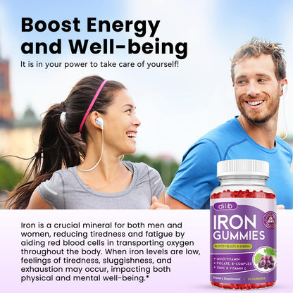 Iron Gummies with Multivitamin, Iron Supplement for Women & Men with Zinc, Vitamin B Complex & C, B12, Folate - Blood Builder & Energy Support for Adults & Kids - Strawberry Flavor, Vegan 60 Gummies