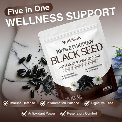 Resilia Ethiopian Black Seed Softgels 1000mg Per Serving – Premium Nigella Sativa Seed Oil Supplement – Digestive & Immune Support Formula – Easy to Swallow Soft Capsules 180 Count (Pack 3)