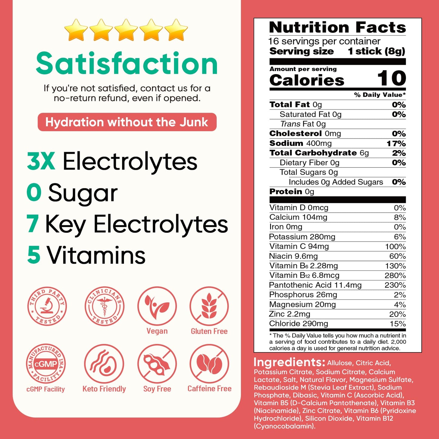 Venture Pal Sugar Free Electrolyte Powder, Liquid Daily IV Hydration Packet | 7 Electrolytes & 5 Vitamins, Electrolytes Dink Mix for Party Recovery & Instantly Hydration, Vegan, Keto-Friendly, 16 Sticks