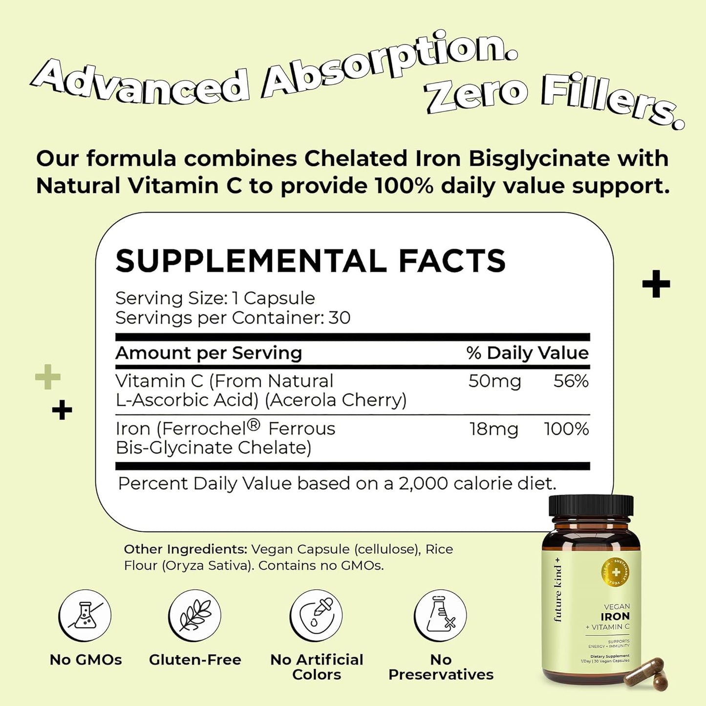 Future Kind Iron Supplement for Women and Men, Daily Energy & Focus, Chelated Iron Bisglycinate, 18mg 100% DV with Vitamin C for Absorption - Gentle on Stomach, Non-GMO Vegan Capsules, 30 Day Supply