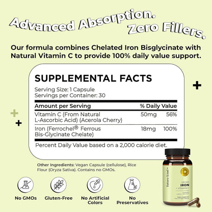 Future Kind Iron Supplement for Women and Men, Daily Energy & Focus, Chelated Iron Bisglycinate, 18mg 100% DV with Vitamin C for Absorption - Gentle on Stomach, Non-GMO Vegan Capsules, 30 Day Supply