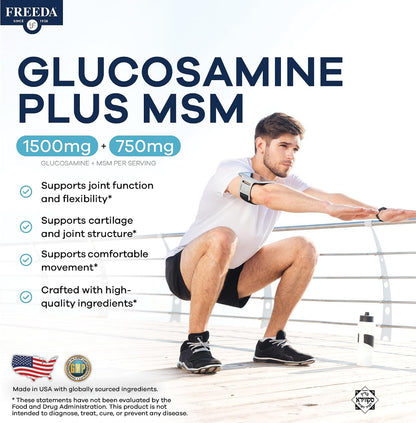 FREEDA Glucosamine 1500mg + MSM 750mg for Bone & Joint Support – 100ct | For Active Lifestyles – Supports Knees, Hips, Flexibility, & Mobility – Vegan, Kosher, Shellfish-Free, Made in USA