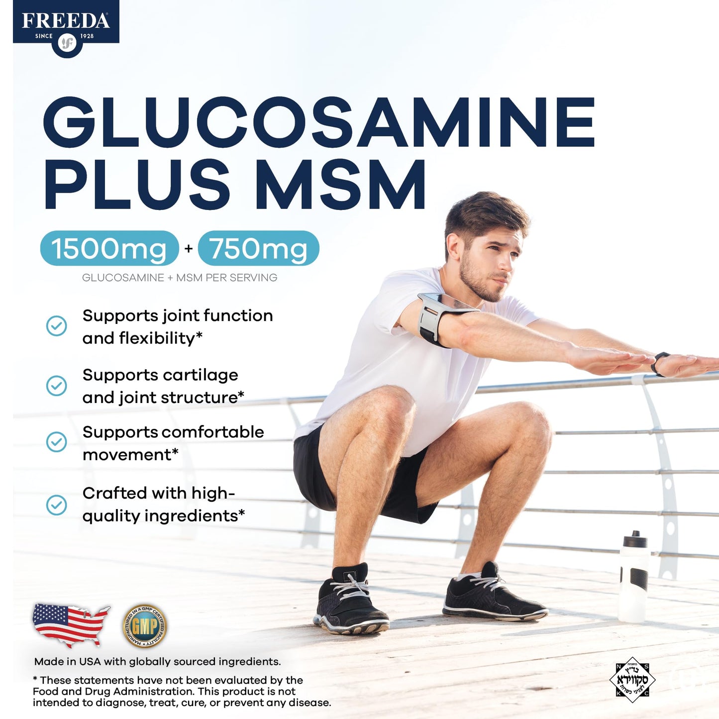FREEDA Glucosamine 1500mg + MSM 750mg for Bone & Joint Support – 100ct | For Active Lifestyles – Supports Knees, Hips, Flexibility, & Mobility – Vegan, Kosher, Shellfish-Free, Made in USA