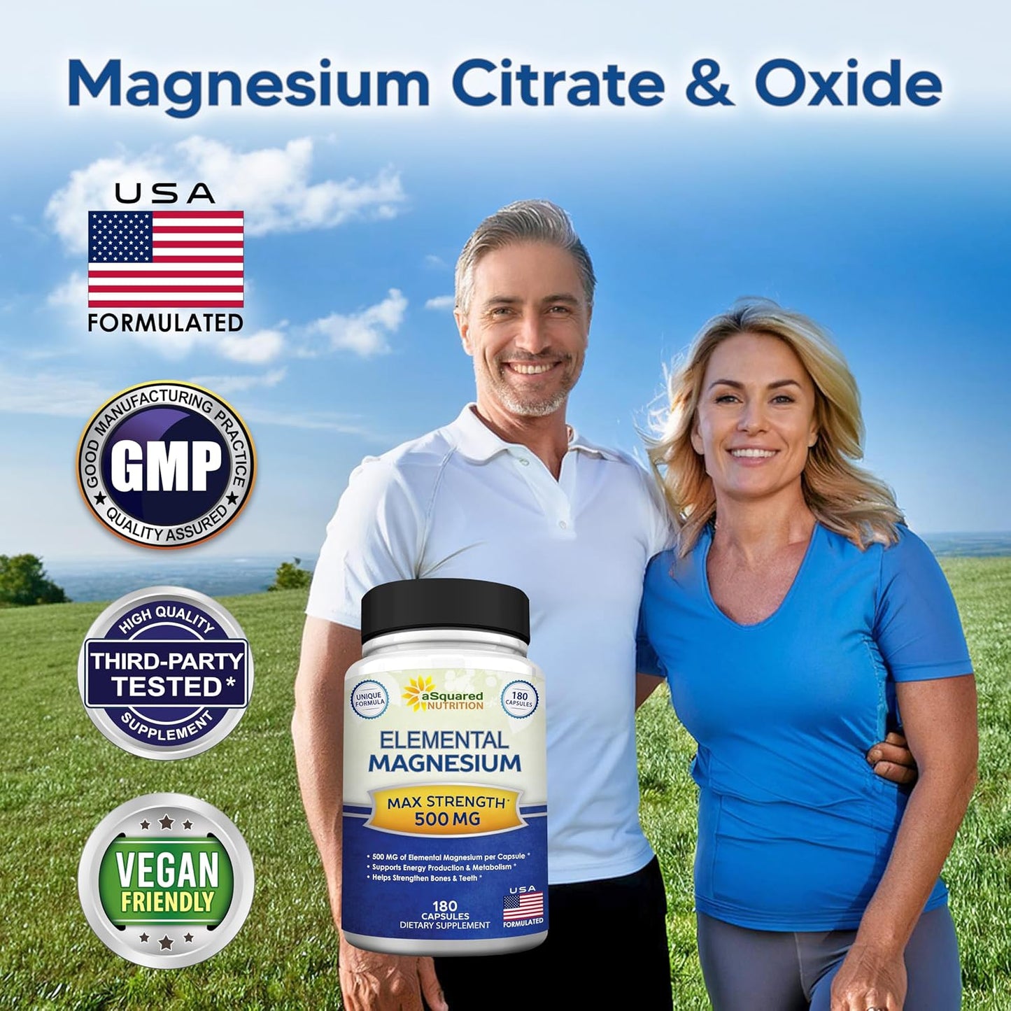aSquared Nutrition Proprietary Magnesium 500mg – High Absorption Magnesium Citrate & Oxide – 180 Veggie Capsules, 180 Day Supply – USA Formulated & Third-Party Tested