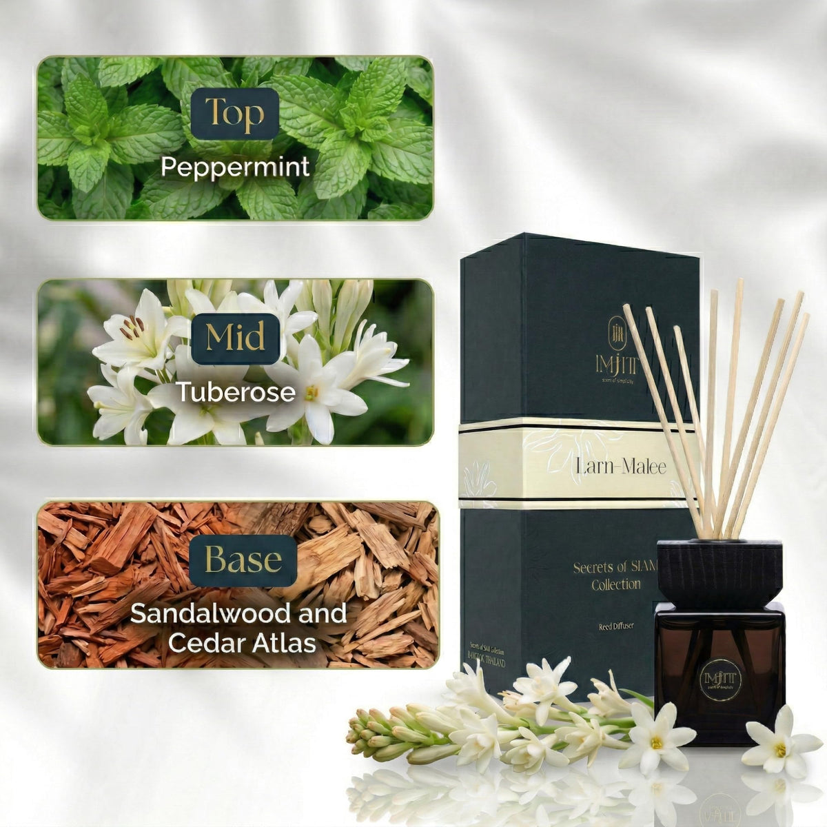 Gulab Jamun by Imjitt - Authentic Thai Botanical Aroma Diffuser with Turkish Rose and White Tea Notes, Featuring Luxury Reed diffusers for Home to Create a Welcoming, Long-Lasting Ambient Scent