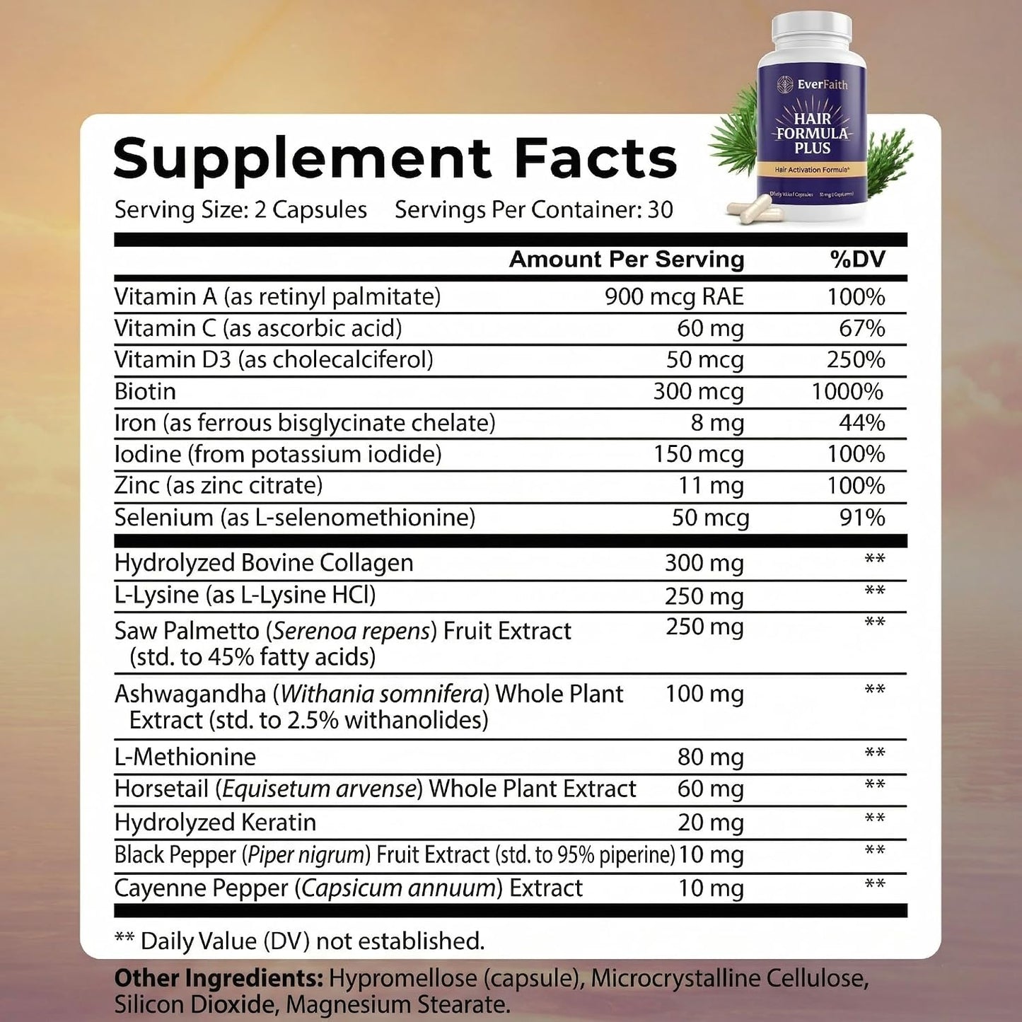 EVERFAITH Hair Formula Plus - Hair Growth Vitamins - Biotin for Hair Growth for Women & Men - with Keratin, Collagen, Saw Palmetto, Horsetail, Zinc, Ashwagandha, L-Lysine, Iron & More - 60 Capsules