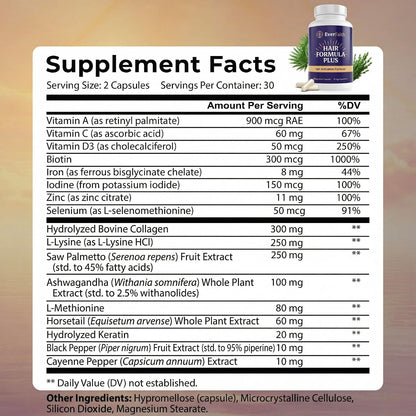 EVERFAITH Hair Formula Plus - Hair Growth Vitamins - Biotin for Hair Growth for Women & Men - with Keratin, Collagen, Saw Palmetto, Horsetail, Zinc, Ashwagandha, L-Lysine, Iron & More - 60 Capsules