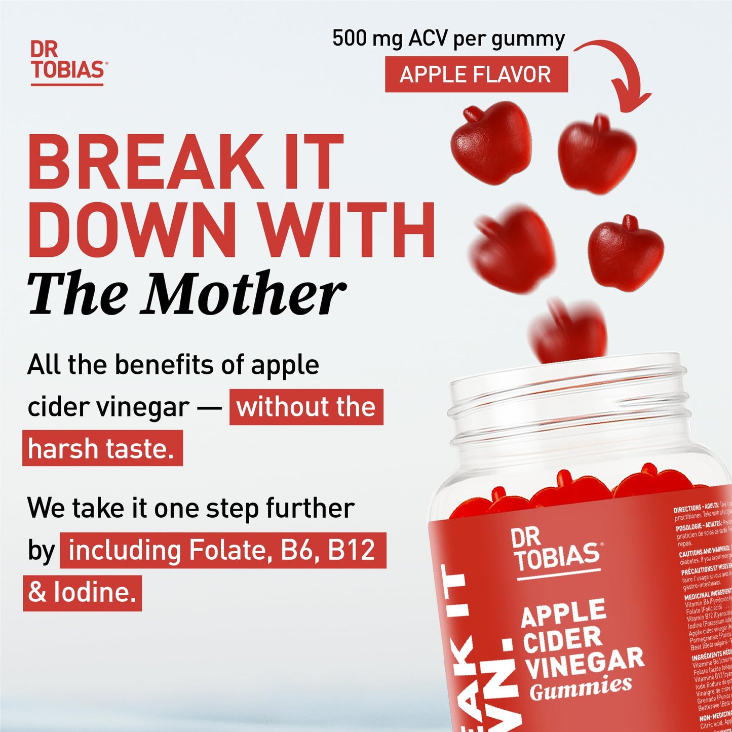 Dr. Tobias Apple Cider Vinegar Gummies with The Mother 60 Count | Digestive & Daily Wellness Support | 500 mg ACV | Folate + B6 + B12 + Iodine | Vegan | 30 Servings