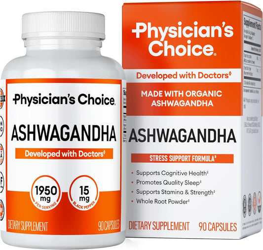 Physician's CHOICE Ashwagandha Supplement - 1950mg of Bioavailable Organic Ashwagandha Root Powder - Black Pepper Extract, Stress Support, Mood Support Supplement, 90 Veggie Capsules