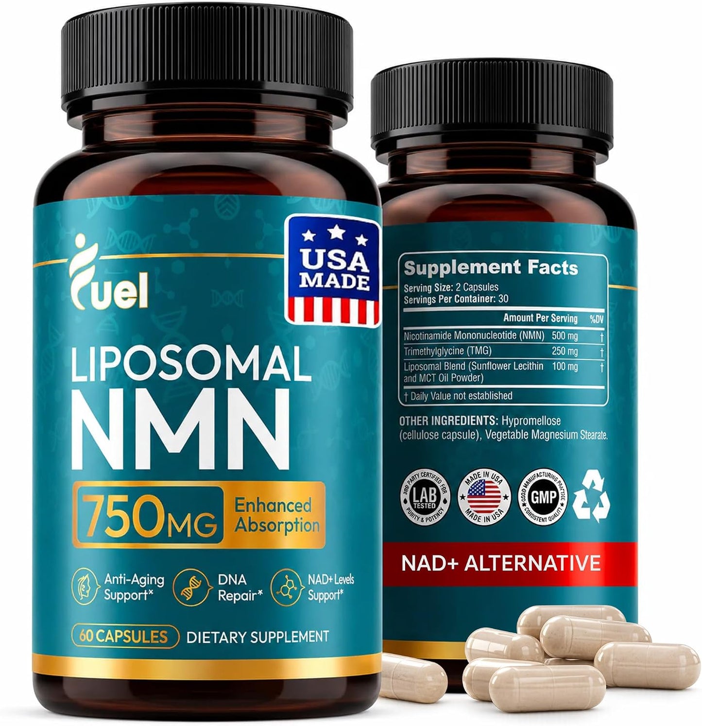 Fuel Liposomal NMN 750mg per Serving (500mg NMN + 250mg TMG) – Enhanced Absorption Nicotinamide Mononucleotide Supplement – NAD+ Support, 60 Capsules, Non-GMO, Lab Tested