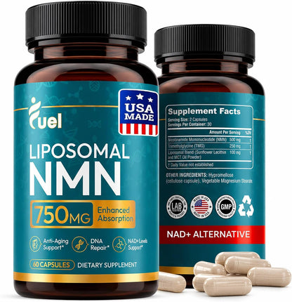 Fuel Liposomal NMN 750mg per Serving (500mg NMN + 250mg TMG) – Enhanced Absorption Nicotinamide Mononucleotide Supplement – NAD+ Support, 60 Capsules, Non-GMO, Lab Tested