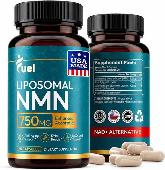 Fuel Liposomal NMN 750mg per Serving (500mg NMN + 250mg TMG) – Enhanced Absorption Nicotinamide Mononucleotide Supplement – NAD+ Support, 60 Capsules, Non-GMO, Lab Tested