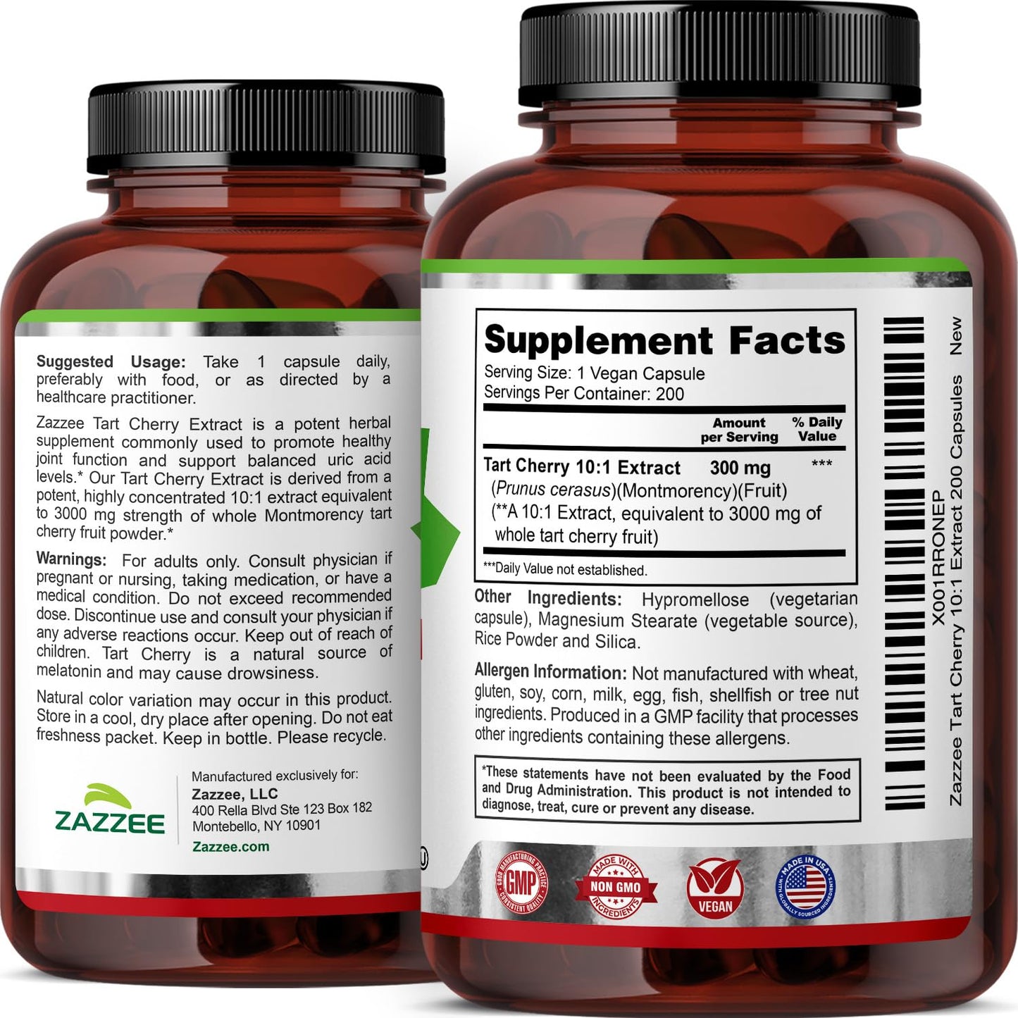 Zazzee Tart Cherry 10:1 Extract, 200 Vegan Capsules, 6+ Month Supply, Montmorency Cherry, Certified Kosher, Joint & Uric Acid Support, Antioxidant Support Formula, Non-GMO, Made in the USA