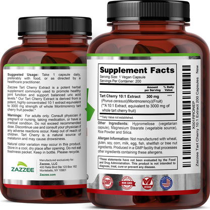 Zazzee Tart Cherry 10:1 Extract, 200 Vegan Capsules, 6+ Month Supply, Montmorency Cherry, Certified Kosher, Joint & Uric Acid Support, Antioxidant Support Formula, Non-GMO, Made in the USA