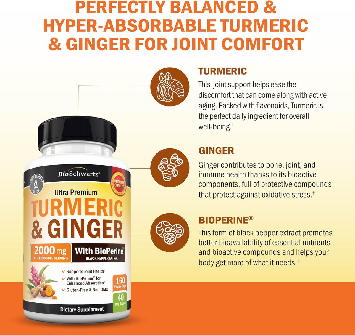 Turmeric and Ginger Supplement with BioPerine, 160 Capsules