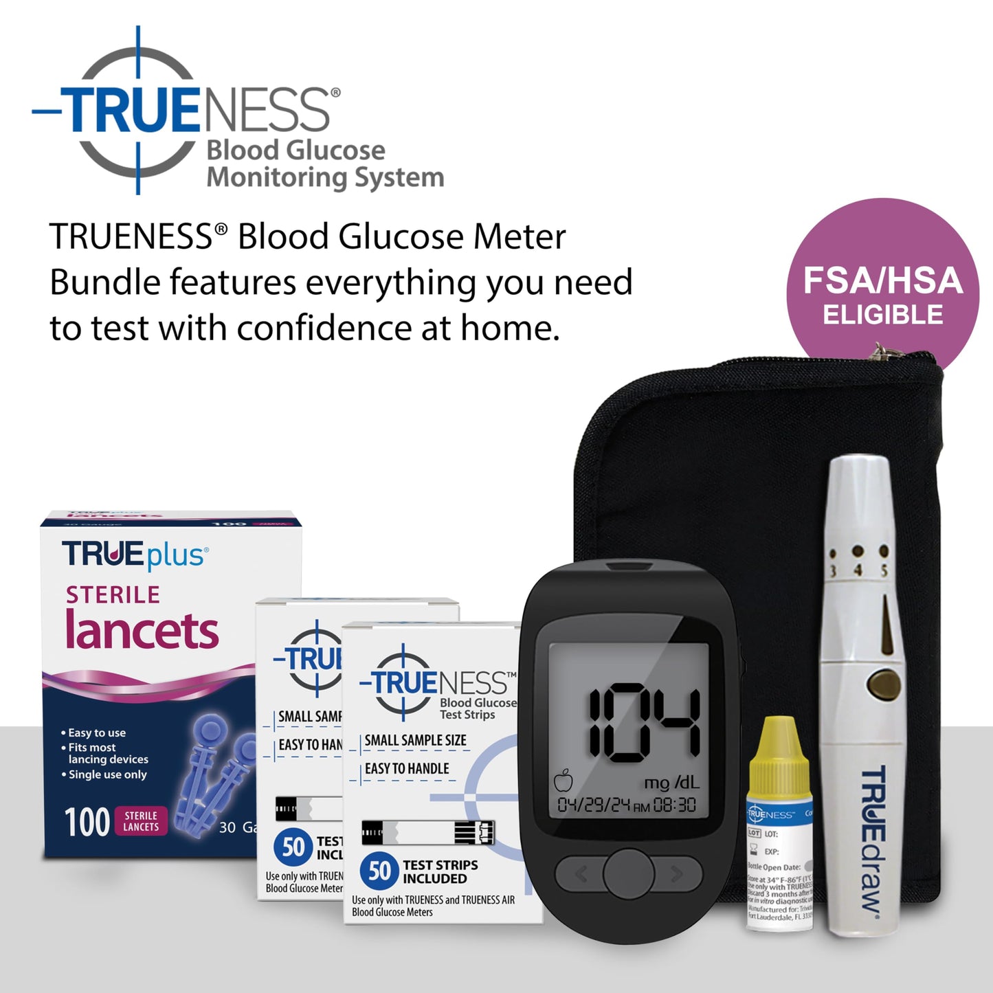 TRUENESS Blood Glucose Meter Kit with Testing Supplies | Includes Blood Glucose Monitor, Case, 100 Test Strips, 100 Lancets, Lancing Device - Fast, Easy Testing Supplies for Home Use