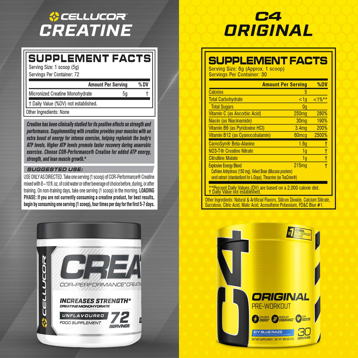 Cellucor Pre Workout & Creatine Bundle, C4 Original Pre Workout Powder, Icy Blue Razz