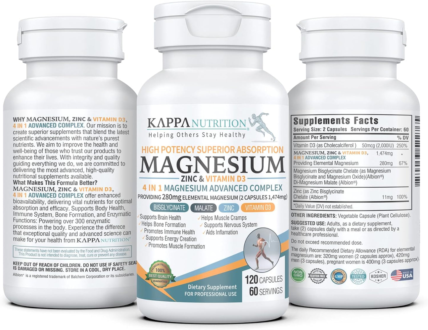 Kappa Nutrition Magnesium 4-in-1, 280mg Elemental Magnesium (Bisglycinate, Malate) + Zinc & Vitamin D3, Brain, Sleep, Energy, Muscle, Immune Support, 120 Vegan Capsules.