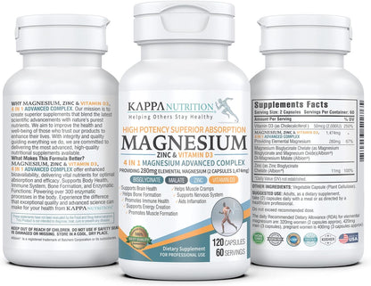 Kappa Nutrition Magnesium 4-in-1, 280mg Elemental Magnesium (Bisglycinate, Malate) + Zinc & Vitamin D3, Brain, Sleep, Energy, Muscle, Immune Support, 120 Vegan Capsules.