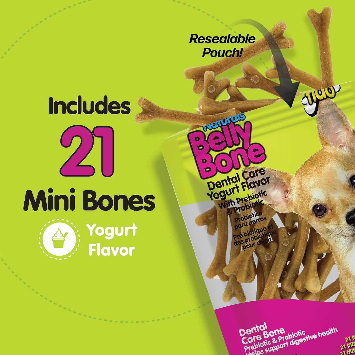 Fido Belly Bones for Dogs, Mini - 21 Count - Yogurt-Flavor Dental Treats for Small Dogs - Plaque & Tartar Control for Fresh Breath - Digestive Support - Made in USA