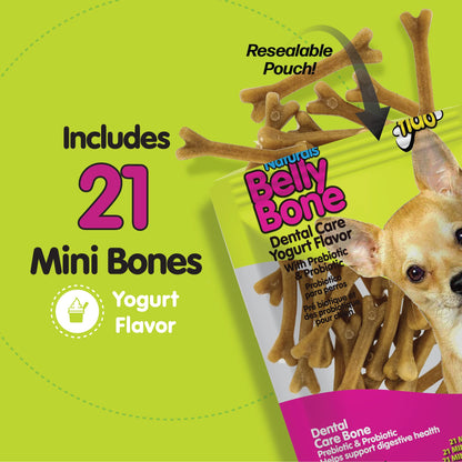 Fido Belly Bones for Dogs, Mini - 21 Count - Yogurt-Flavor Dental Treats for Small Dogs - Plaque & Tartar Control for Fresh Breath - Digestive Support - Made in USA