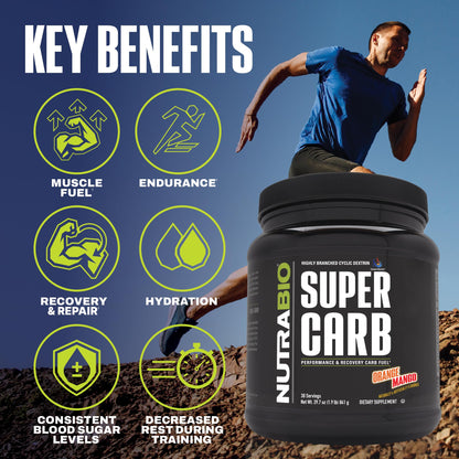 NutraBio Super Carb, Carbohydrate Powder with Cluster Dextrin & Electrolytes, Advanced Carb Supplement Powder for Workout Fuel, Performance, and Muscle Recovery, Cyclic Dextrin, Unflavored, 30 Sv