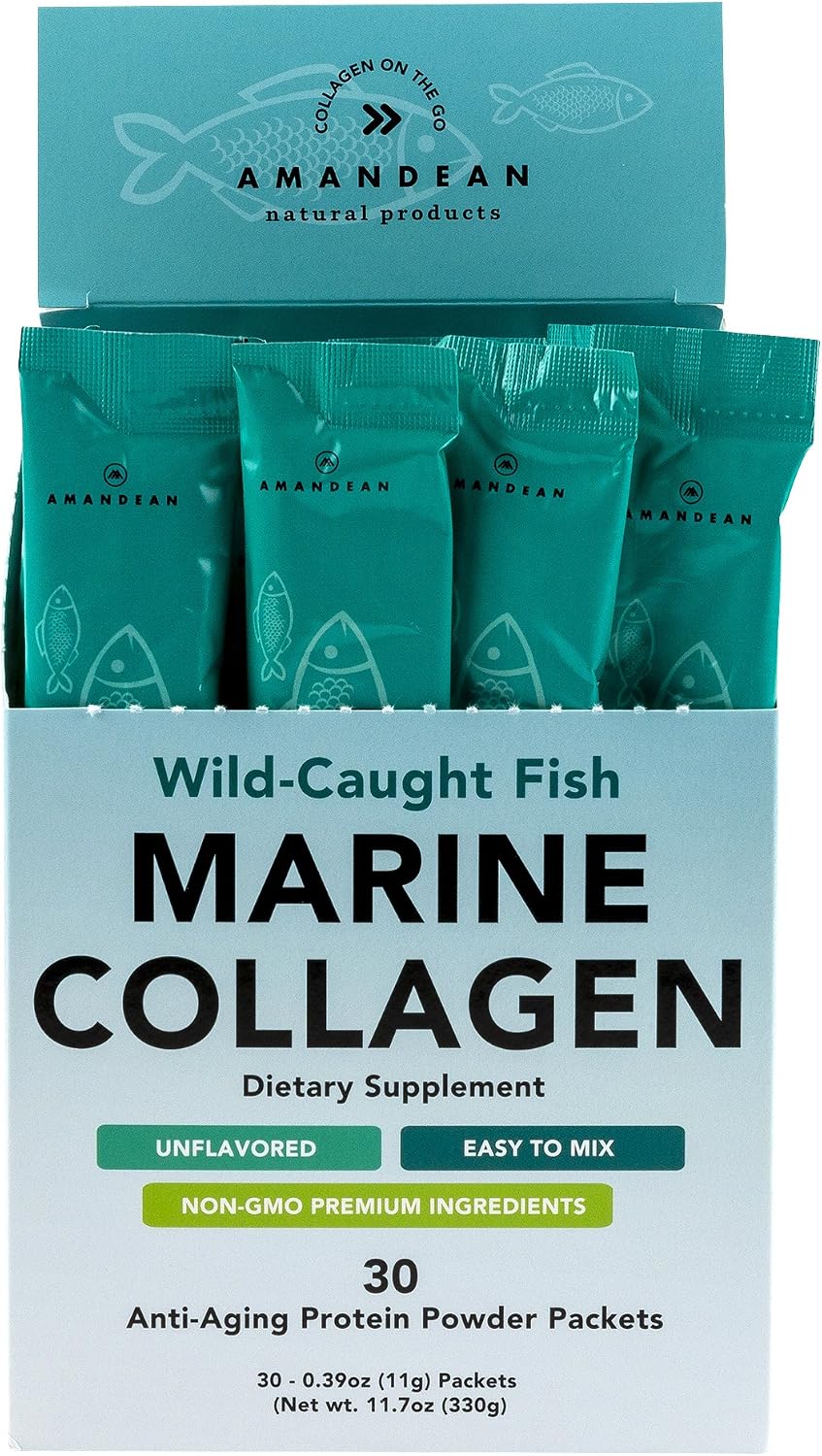 AMANDEAN Marine Collagen Peptides Powder, Wild-Caught, 30 Travel Packets