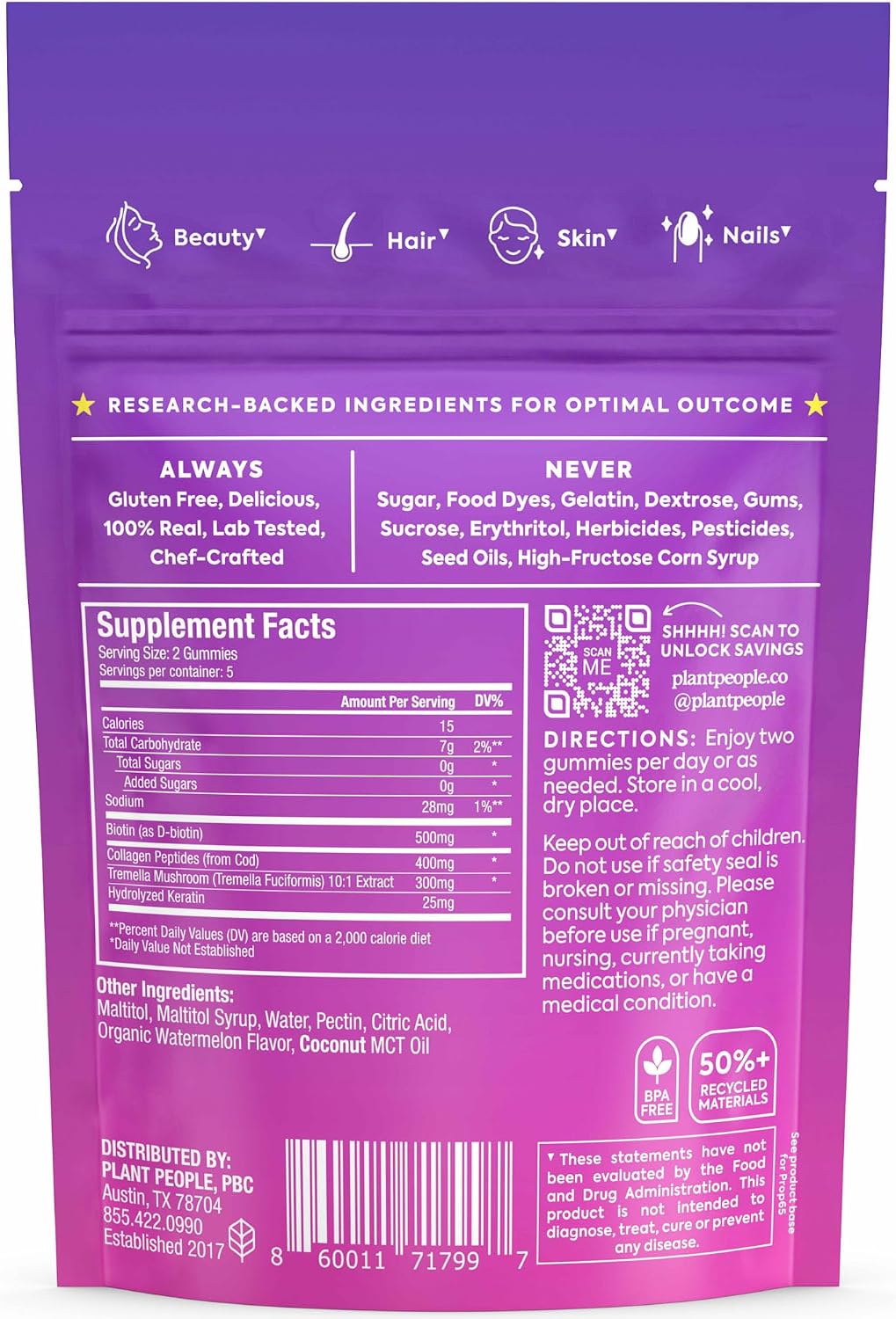 Plant People WonderBeauty Hair Gummies, Watermelon Flavor, 10 Ct