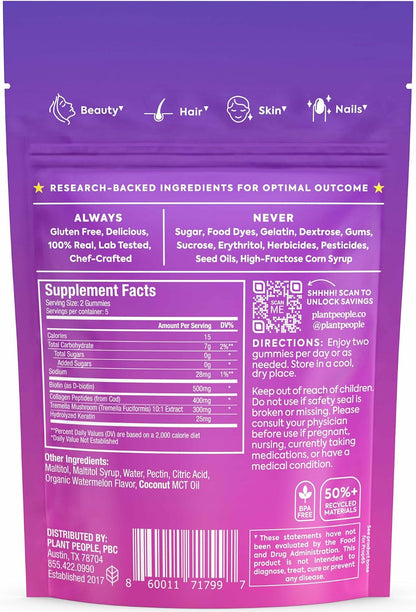 Plant People WonderBeauty Hair Gummies, Watermelon Flavor, 10 Ct