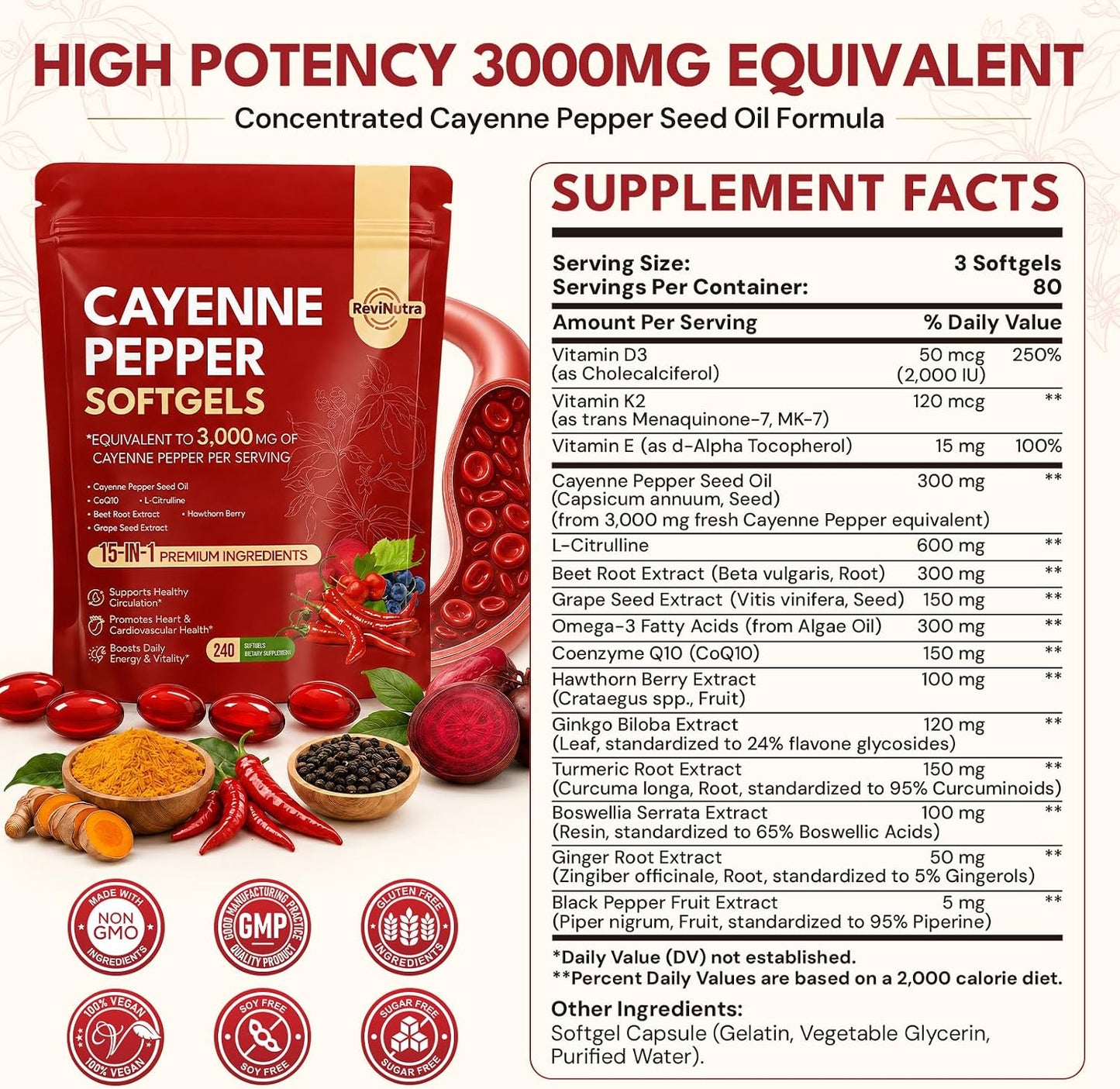 Cayenne Pepper Softgels, 15-in-1 Cayenne Pepper Capsules with Vitamin D3 + K2, L-Citrulline, Beet Root, CoQ10, Capsaicin supplements for Healthy Circulation, Energy, Heart Vessel Support, 240ct