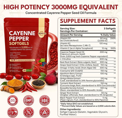 Cayenne Pepper Softgels, 15-in-1 Cayenne Pepper Capsules with Vitamin D3 + K2, L-Citrulline, Beet Root, CoQ10, Capsaicin supplements for Healthy Circulation, Energy, Heart Vessel Support, 240ct