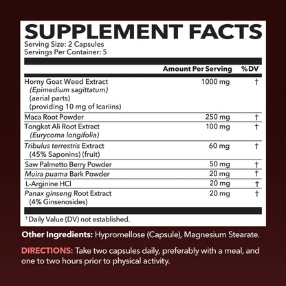 Horny Goat Weed with Maca, Tongkat Ali and Saw Palmetto, 30 Servings | Vegan, Non-GMO, Gluten free Horny Goat Weed Capsules for Men & Women, Extra Strength Performance, 60 Count, 1 Month Supply