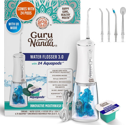 GuruNanda Advanced Dental Water Flosser 3.0 with UV Mode Water Flosser & 24 Aquapods with Mouthwash for Fresh Breath & Plaque Removal, Compact & TSA-Friendly