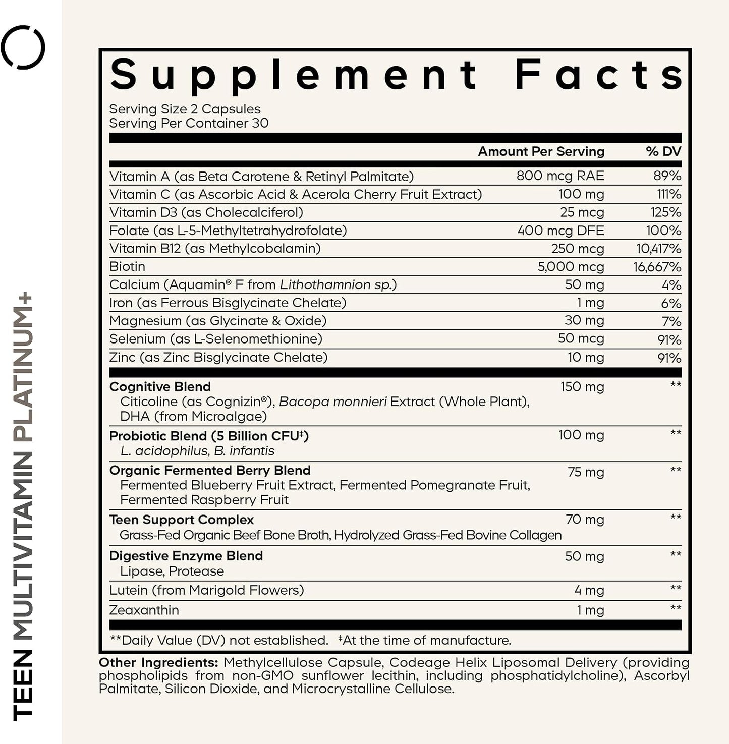 Codeage Teen Multivitamin+ Platinum Supplement - Vitamins A, C, D3, E, B6, B12, Minerals, Probiotics, Citicoline, Collagen, Bone Broth, Folate, Biotin, Lutein, Zeaxanthin - Non-GMO - 60 Capsules