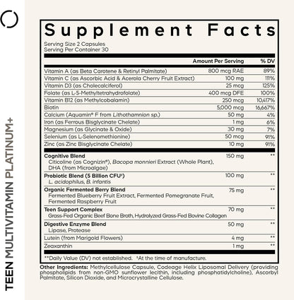 Codeage Teen Multivitamin+ Platinum Supplement - Vitamins A, C, D3, E, B6, B12, Minerals, Probiotics, Citicoline, Collagen, Bone Broth, Folate, Biotin, Lutein, Zeaxanthin - Non-GMO - 60 Capsules