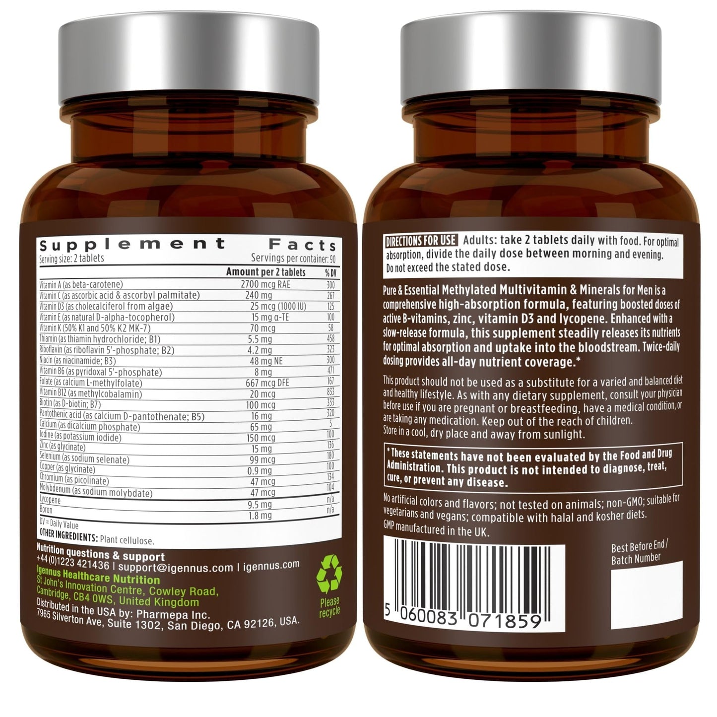 Igennus Methylated Multivitamin for Men with 22 Actives, 60 Tablets | Lycopene for Antioxidant Support, High Potency B12, Sustained Release, Pure & Clean, Non-GMO & Halal