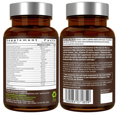 Igennus Methylated Multivitamin for Men with 22 Actives, 60 Tablets | Lycopene for Antioxidant Support, High Potency B12, Sustained Release, Pure & Clean, Non-GMO & Halal