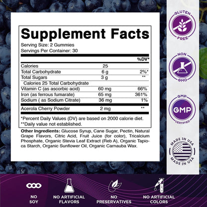 Vitamatic Iron 65 mg with Vitamin C - 60 Vegan Gummies, Made in USA | 65 mg Iron Per Serving, Natural Grape Flavor, Pectin Based, Gluten Free, Non-GMO