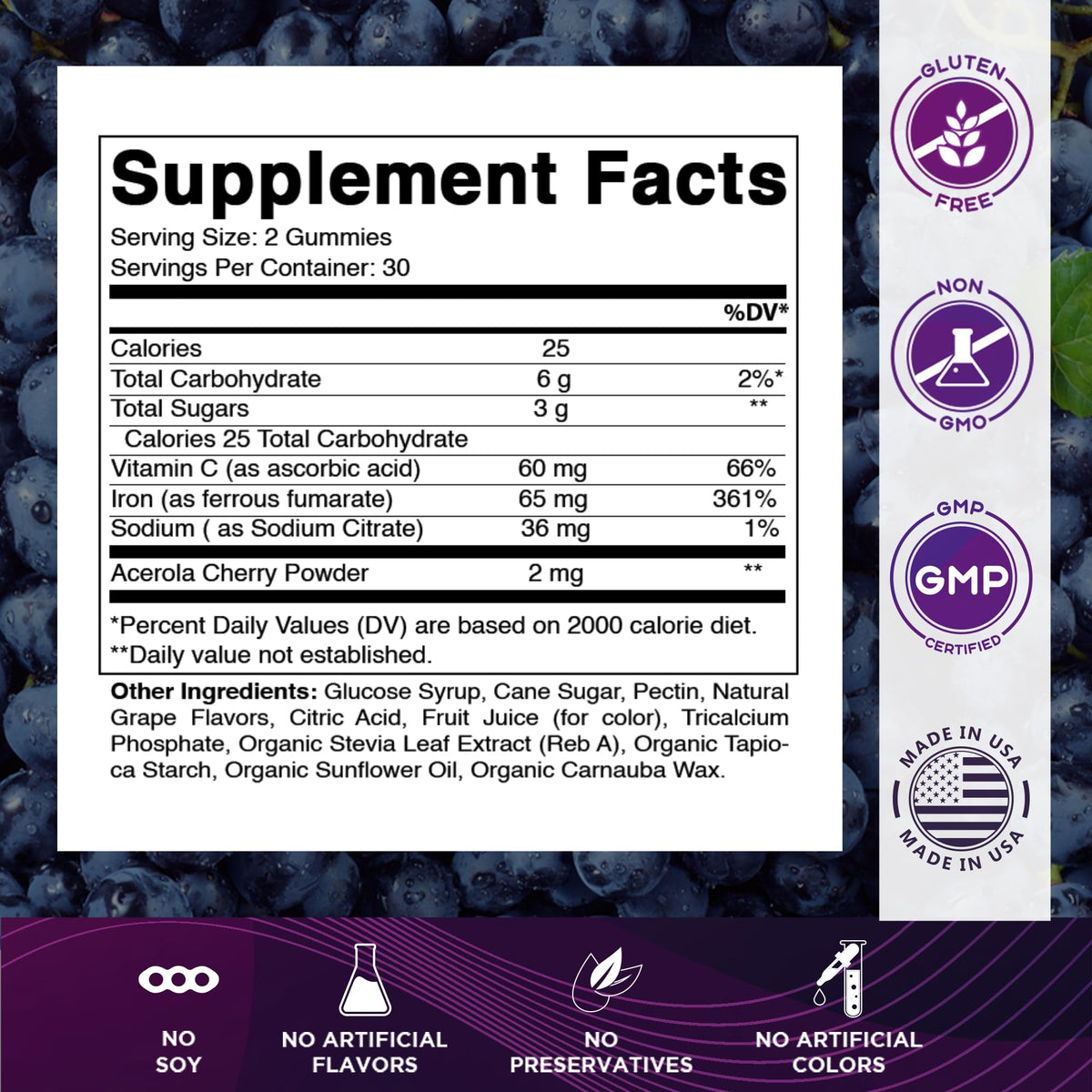 Vitamatic Iron 65 mg with Vitamin C - 60 Vegan Gummies, Made in USA | 65 mg Iron Per Serving, Natural Grape Flavor, Pectin Based, Gluten Free, Non-GMO