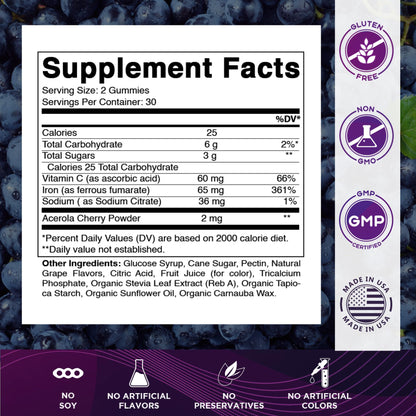 Vitamatic Iron 65 mg with Vitamin C - 60 Vegan Gummies, Made in USA | 65 mg Iron Per Serving, Natural Grape Flavor, Pectin Based, Gluten Free, Non-GMO