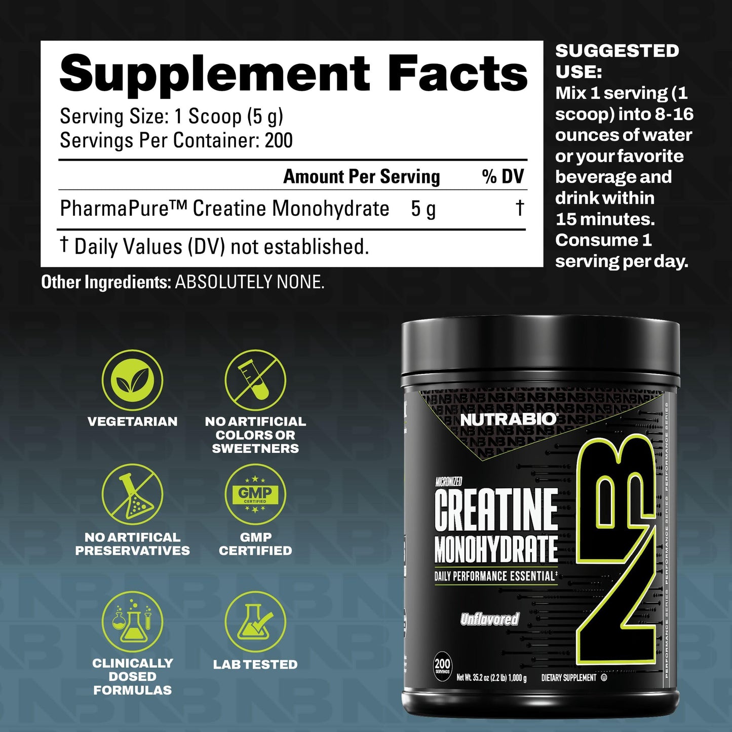 NutraBio Pure Micronized Creatine Monohydrate Powder Supplement, Unflavored, (300 g) - Supports Bulk Muscle Energy, Recovery, and Strength - HPLC Tested Creatine Powder Supplement for Men and Women