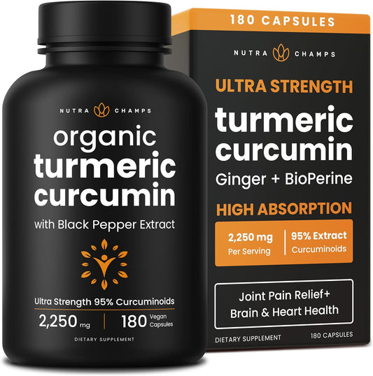 Turmeric Curcumin - 2,256 mg Complex with Ginger & Black Pepper Extract - 95% Curcuminoids - Extra Strength Turmeric Supplement for Joint Health, Brain, Heart & Immune Support - 180 Turmeric Capsules